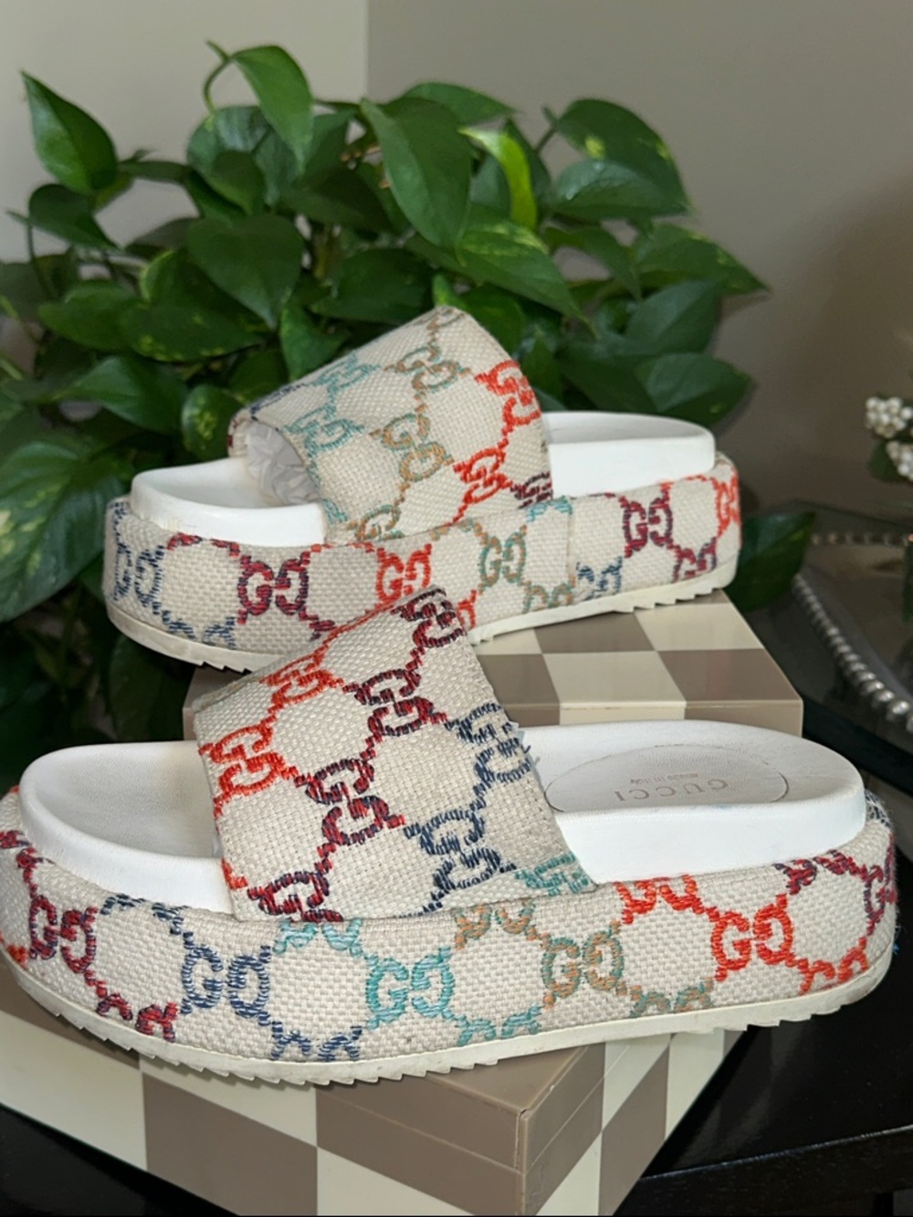 Gucci Multicolor GG Canvas Platform Slides - Ivory Base size 9 used condition 🩵 - Picture 5 of 16